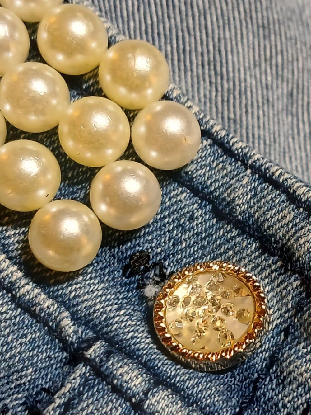 WTY Blue Jean Jacket with Faux Pearls and Lace/Crochet Cuffs & Hem - EUC - Picture 7 of 12